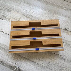 Bamboo Kitchen Wrap Dispenser | 3-in-1 Wrap Organizer w/Cutter & Wall Mount